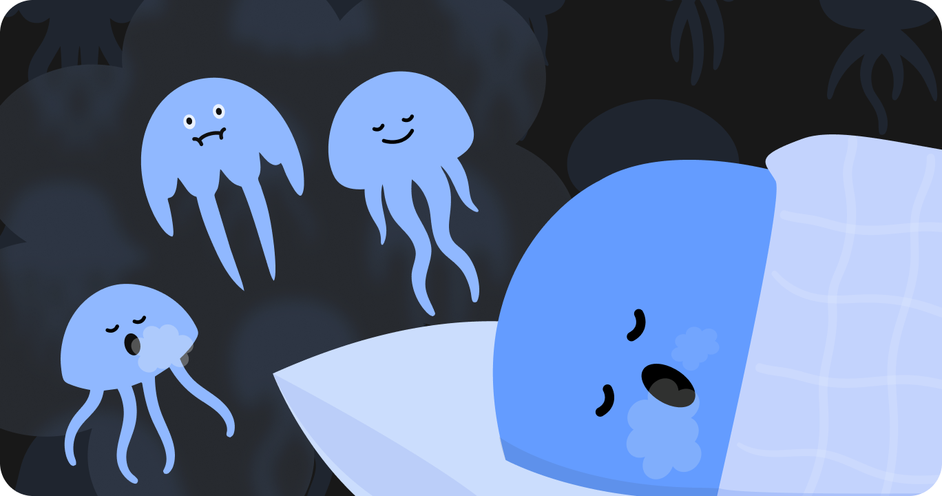 ベッドに横たわり、頭の中でクラゲを思い浮かべながら「クラゲ呼吸法」をしている様子