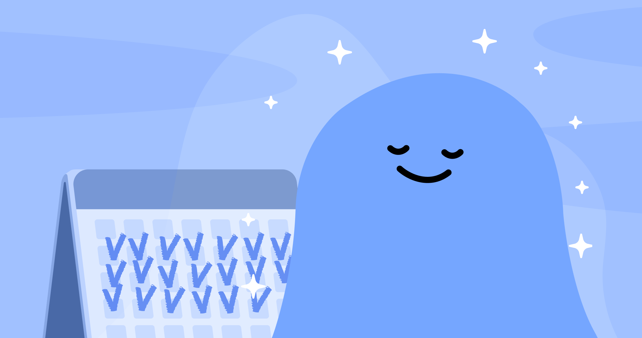 하루 일정 속에서 자연스럽게 수면을 개선하는 모습을 보여주는 그래픽 → 달력에 체크 표시, 수면 목표를 달성하는 느낌